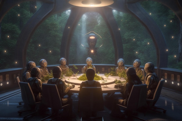 Foto hay muchas personas sentadas alrededor de una mesa en una nave espacial generativa ai