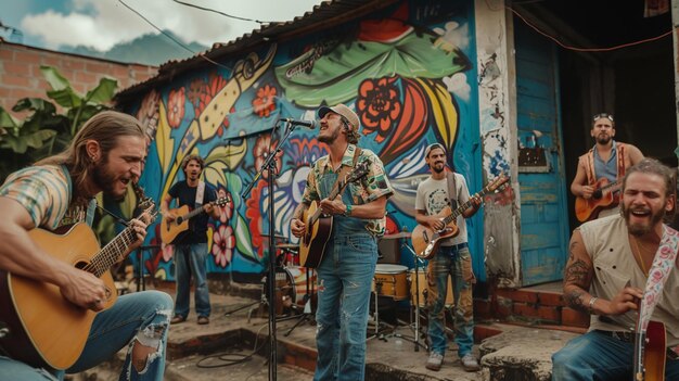 Foto hay muchas personas tocando música fuera de un edificio generativo ai