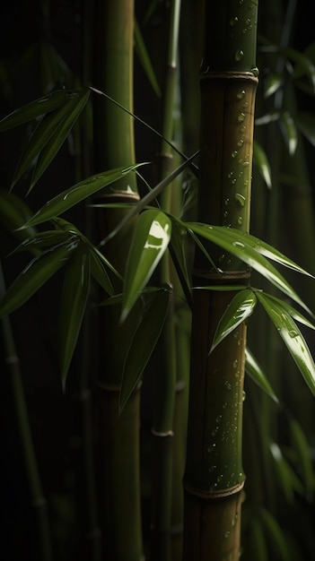 Hay muchas plantas de bambú verdes que están creciendo en la oscuridad generativa ai