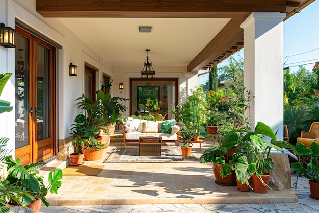 Hay muchas plantas en maceta en el porche de esta casa generativa ai