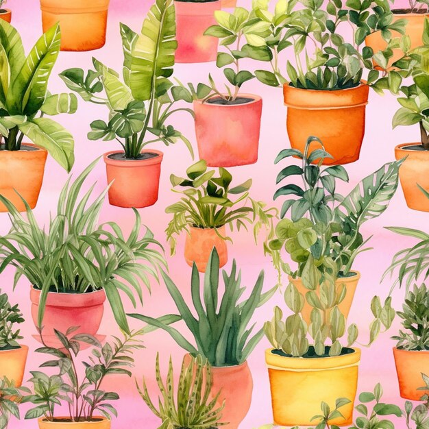 Hay muchas plantas en maceta que están en un fondo rosado generativo ai