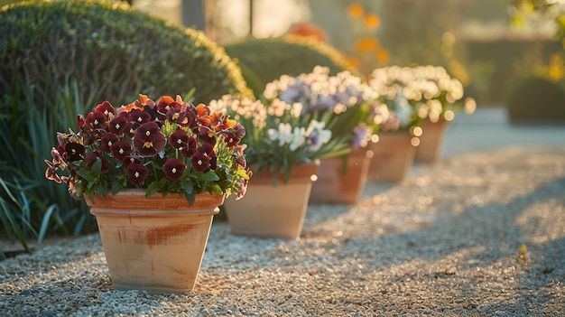 Hay muchas plantas en macetas que están sentadas en el suelo generativo ai