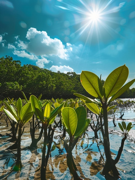 Foto hay muchas plantas verdes que crecen en el agua en la playa generativa ai