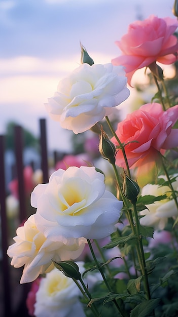 hay muchas rosas blancas y rosadas en el jardín ai generativo
