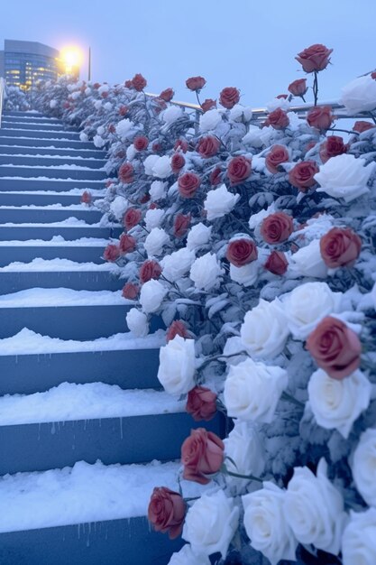 hay muchas rosas creciendo en las escaleras de un edificio ai generativo