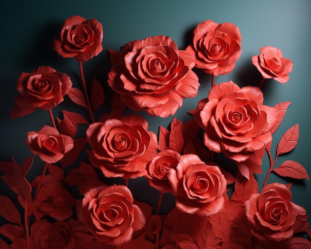 Hay muchas rosas rojas que están en un ai generativo de fondo verde