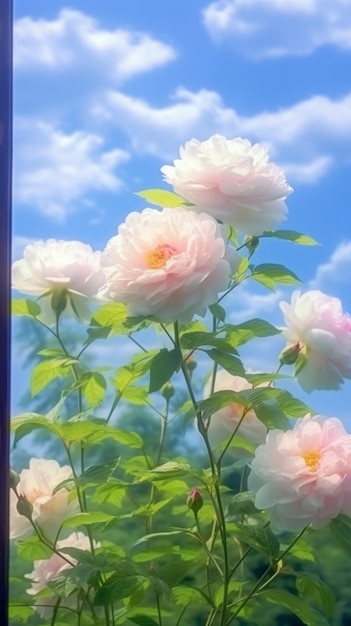 hay muchas rosas rosadas en el arbusto con un cielo azul de fondo ai generativo