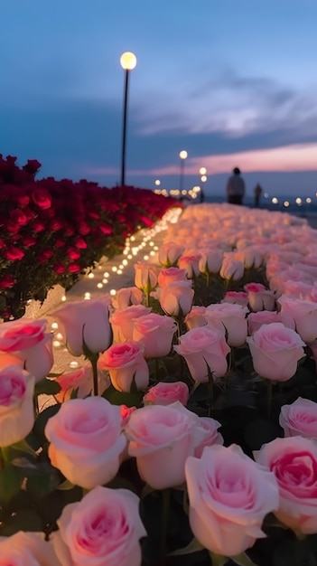 hay muchas rosas rosadas en un campo con luces encendidas ai generativa