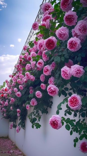 hay muchas rosas rosadas que crecen al lado de una pared ai generativo