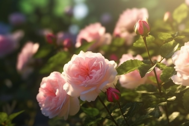 Hay muchas rosas rosadas que florecen en el jardín generativo ai.