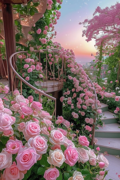 Foto hay muchas rosas rosas creciendo en los escalones generativo ai