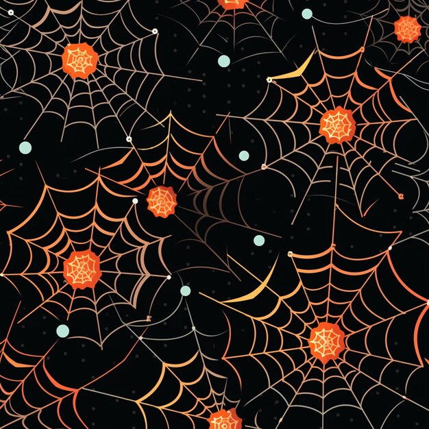 Hay muchas telas de araña con diseños naranjas y negros generativos ai