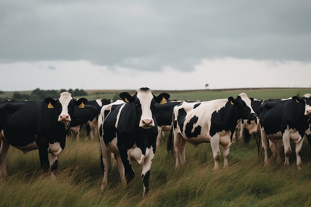 Hay muchas vacas que están de pie en la hierba juntos generativo ai