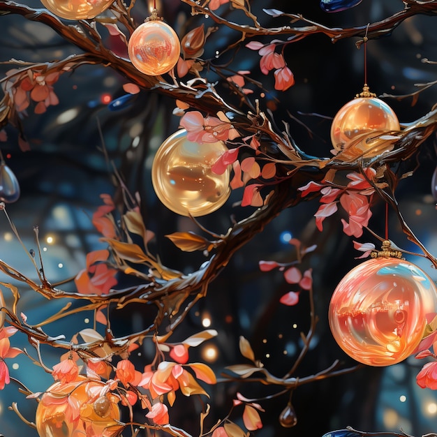 Foto hay muchos adornos colgando de un árbol con hojas rojas generativo ai