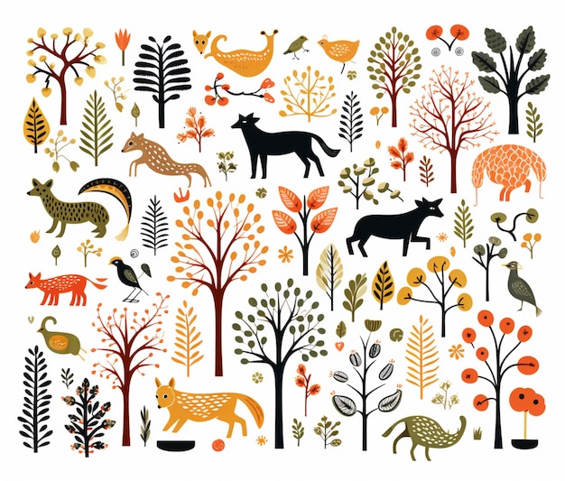 Hay muchos animales y árboles diferentes en esta imagen generativa ai