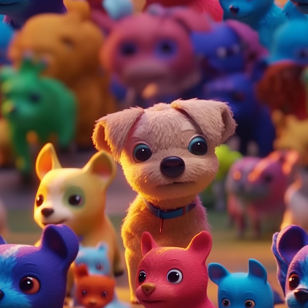 Hay muchos animales de peluche de diferentes colores en un campo generativo ai