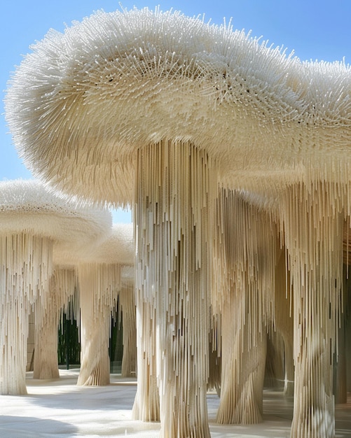 hay muchos árboles blancos que están cubiertos con hilo blanco generativo ai