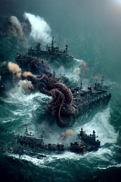 Hay muchos barcos en el agua con un pulpo gigante en ellos.