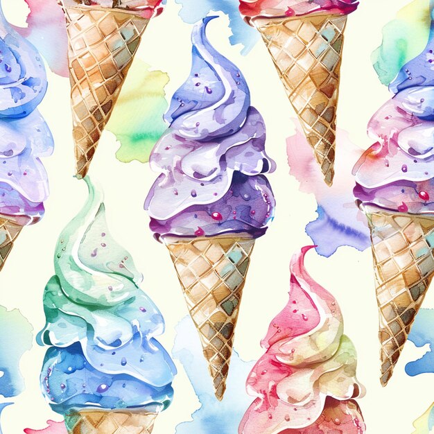 Hay muchos conos de helado de diferentes colores en una superficie blanca generativa ai
