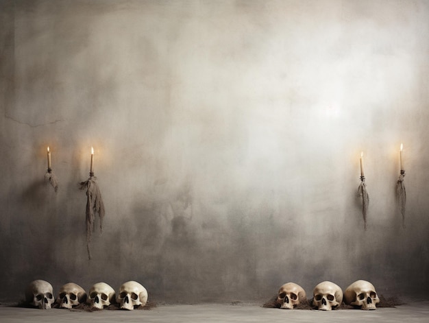 hay muchos cráneos y velas en la pared en una habitación generativa ai