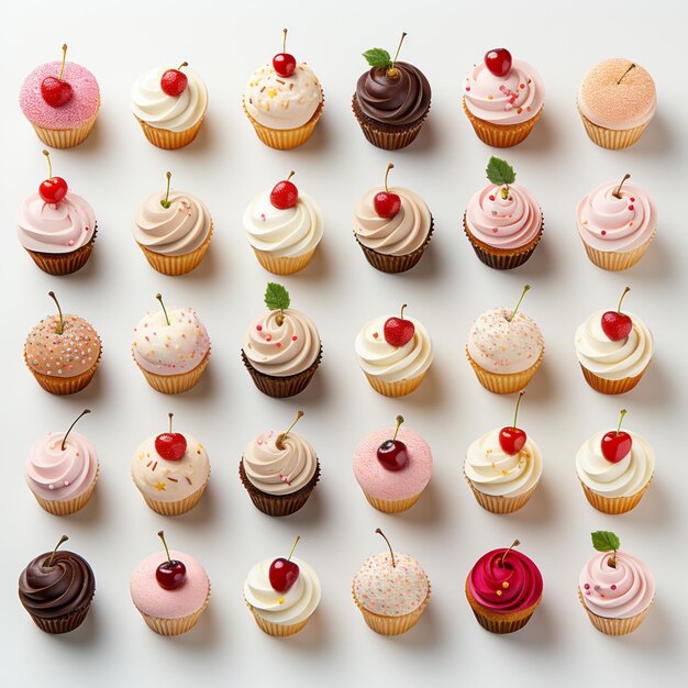 Hay muchos cupcakes con diferentes ingredientes en una superficie blanca generativa ai