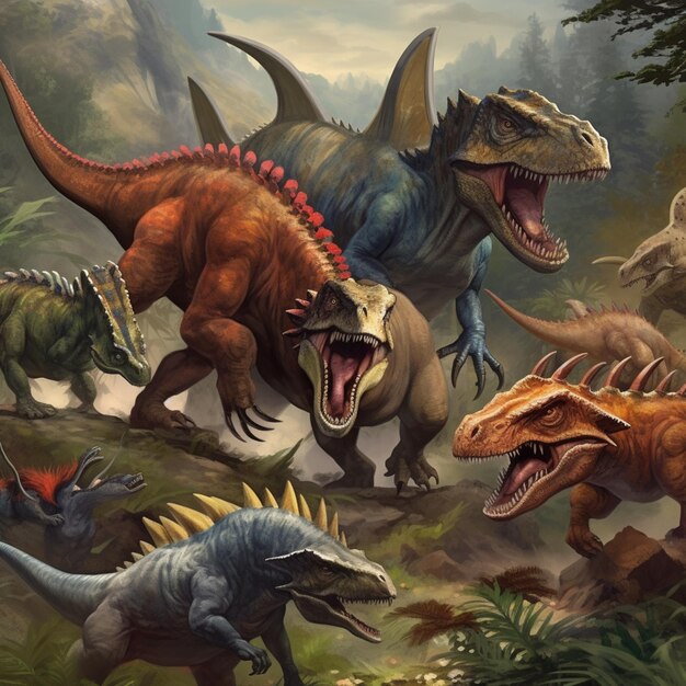 Hay muchos dinosaurios que están caminando en la hierba juntos generativo ai