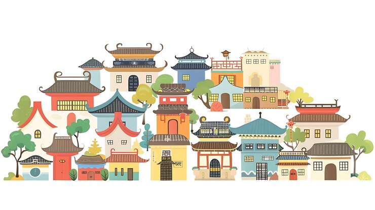 hay muchos edificios que se agrupan en esta ilustración