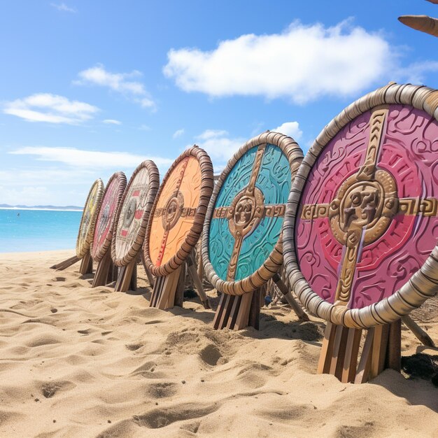 Foto hay muchos escudos coloridos alineados en la playa generativo ai