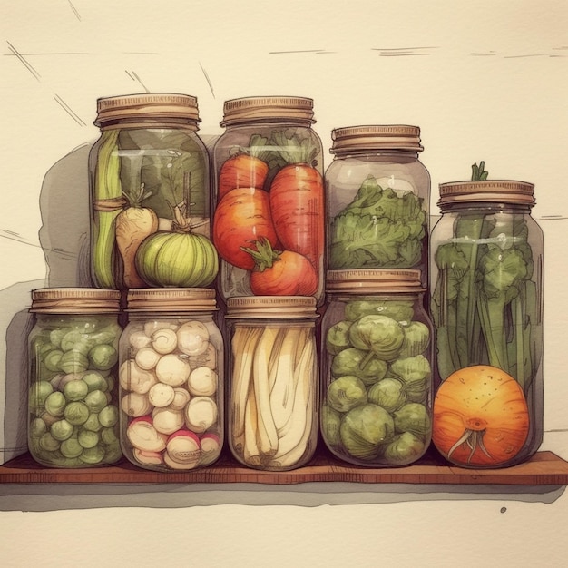 Hay muchos frascos de verduras y frutas en un estante generativo ai