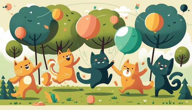 Hay muchos gatos que están jugando con globos en el parque generativo ai