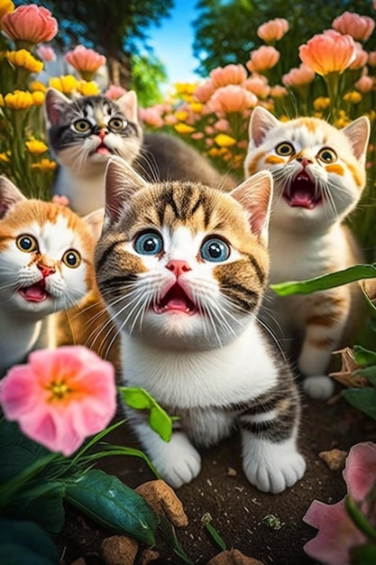 Hay muchos gatos que parados en un campo de flores generan ai