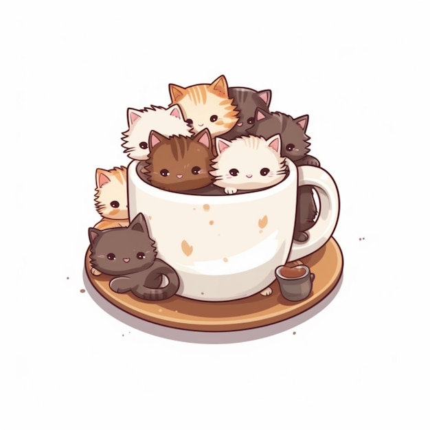 Hay muchos gatos sentados en una taza de café generativo ai