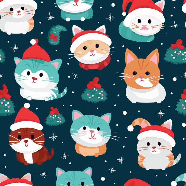 Hay muchos gatos con sombreros de Santa y sentados en un fondo azul AI Generative