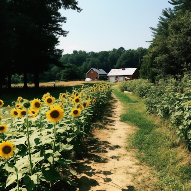 Hay muchos girasoles que crecen a lo largo de un camino de tierra ai generativo