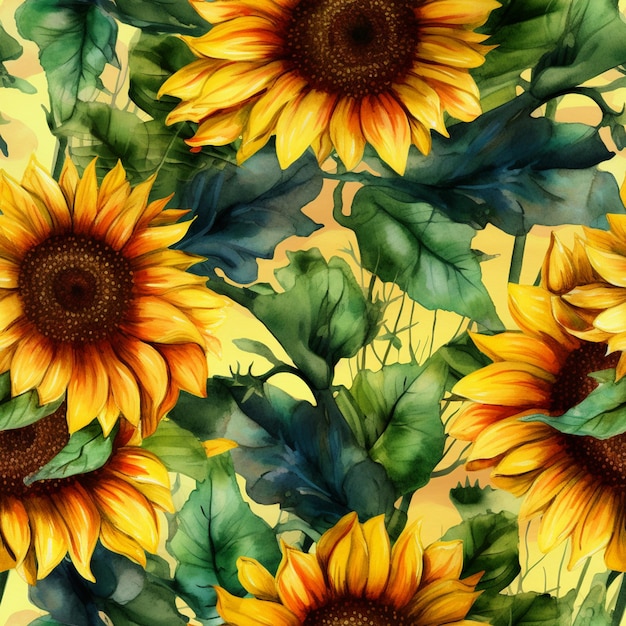 Hay muchos girasoles que están pintados en un fondo amarillo generativo ai