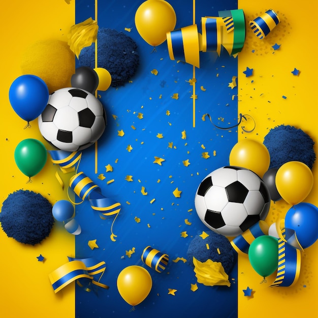 Foto hay muchos globos y pelotas de fútbol en un fondo azul y amarillo generativo ai