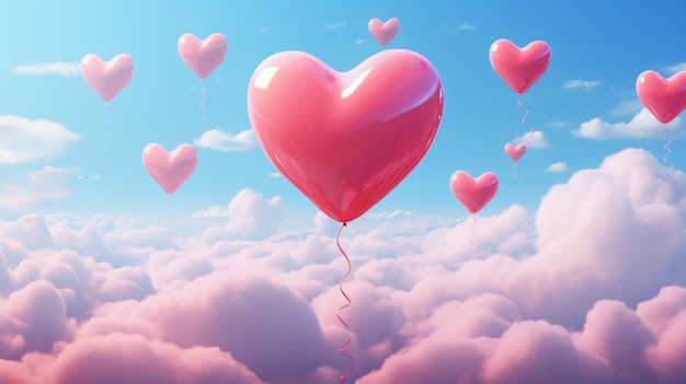 Hay muchos globos rojos en forma de corazón flotando en el cielo.