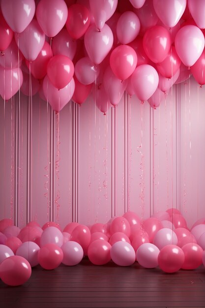 Hay muchos globos rosados colgando del techo en una habitación generativa ai