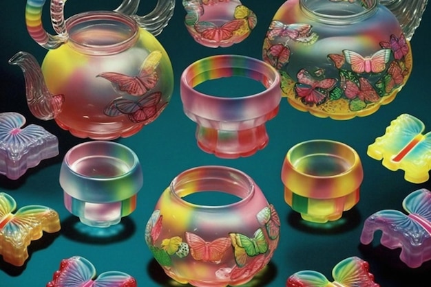 Hay muchos jarrones de vidrio de diferentes colores y sobre la mesa ai generativo.