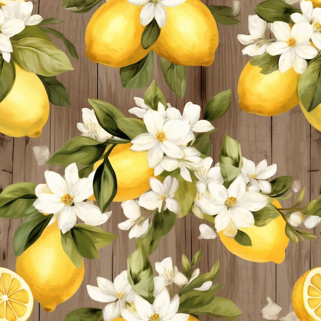 Hay muchos limones y flores en una superficie de madera generativa ai