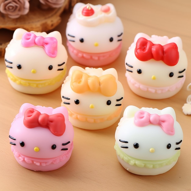 Hay muchos macarrones de Hello Kitty en la mesa.