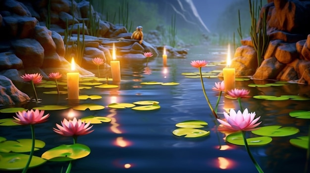hay muchos nenúfares flotando en un estanque con velas ai generativa