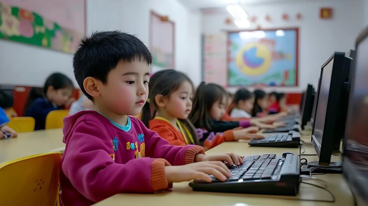 hay muchos niños sentados en una mesa usando computadoras