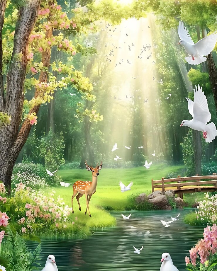 Hay muchos pájaros blancos volando sobre un estanque en el bosque.