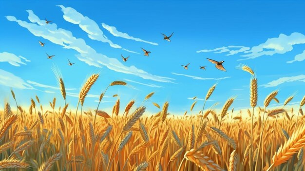 hay muchos pájaros volando sobre un campo de trigo ai generativo