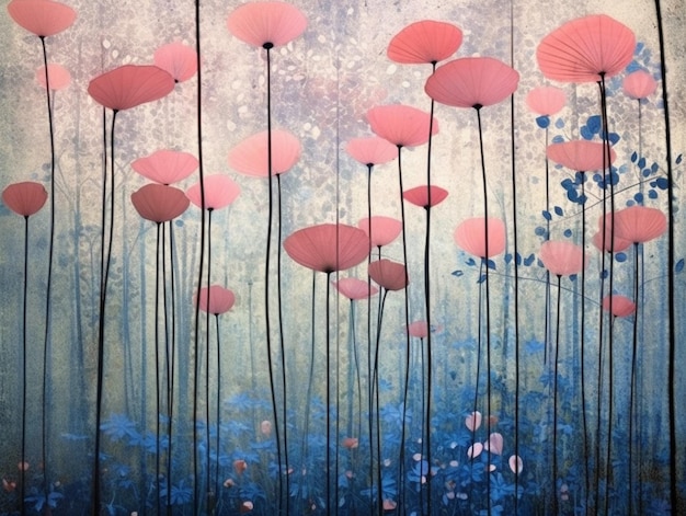 hay muchos paraguas rosados en un campo de flores azules ai generativa