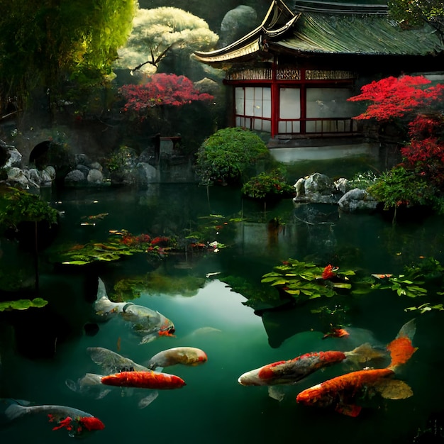 Hay muchos peces nadando en un estanque en un jardín japonés generativo ai