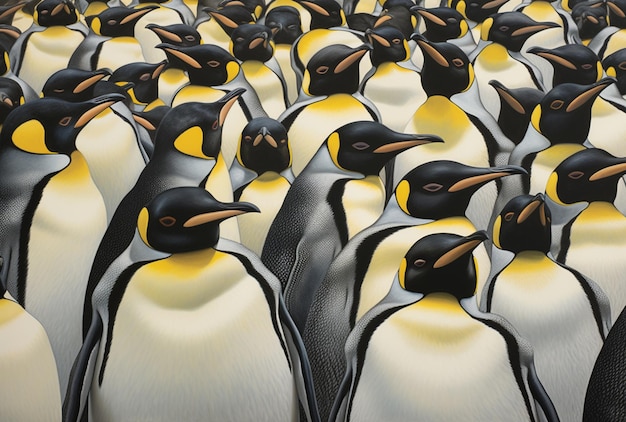 Hay muchos pingüinos que están de pie juntos en un gran grupo generativo ai