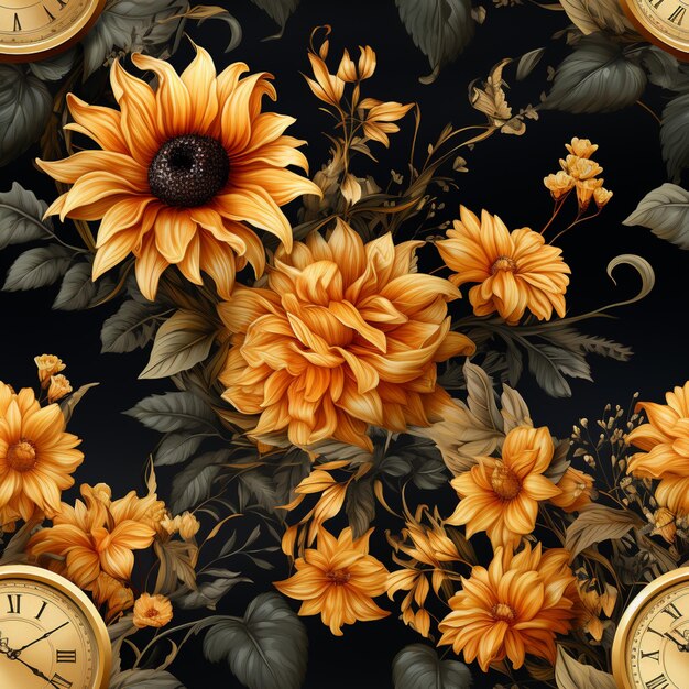 hay muchos relojes y flores en la pared con un fondo negro generativo ai