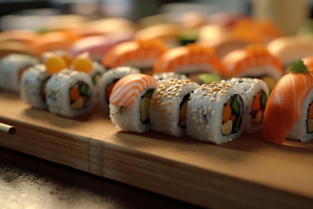 Hay muchos rollos de sushi en una tabla de madera en una mesa generativa ai